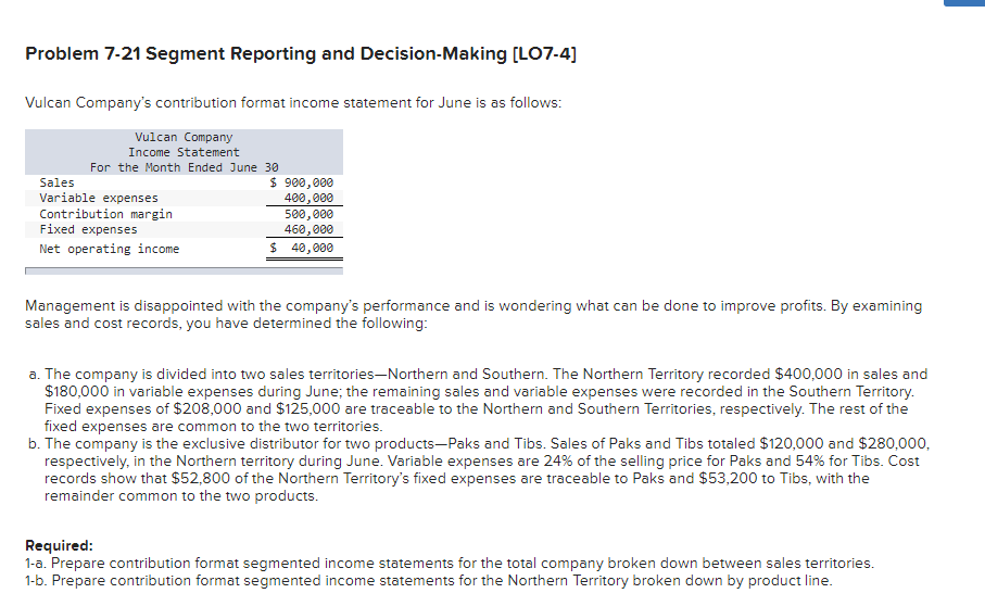  Problem 7-21 Segment Reporting and Decision-Making [L07-4] Vulcan Company's contribution format