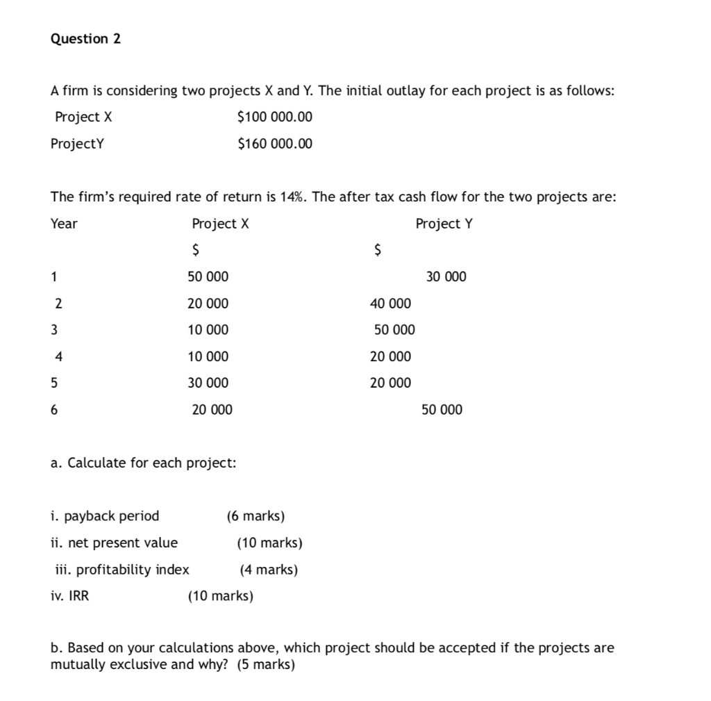  Question 2 A firm is considering two projects X and Y.