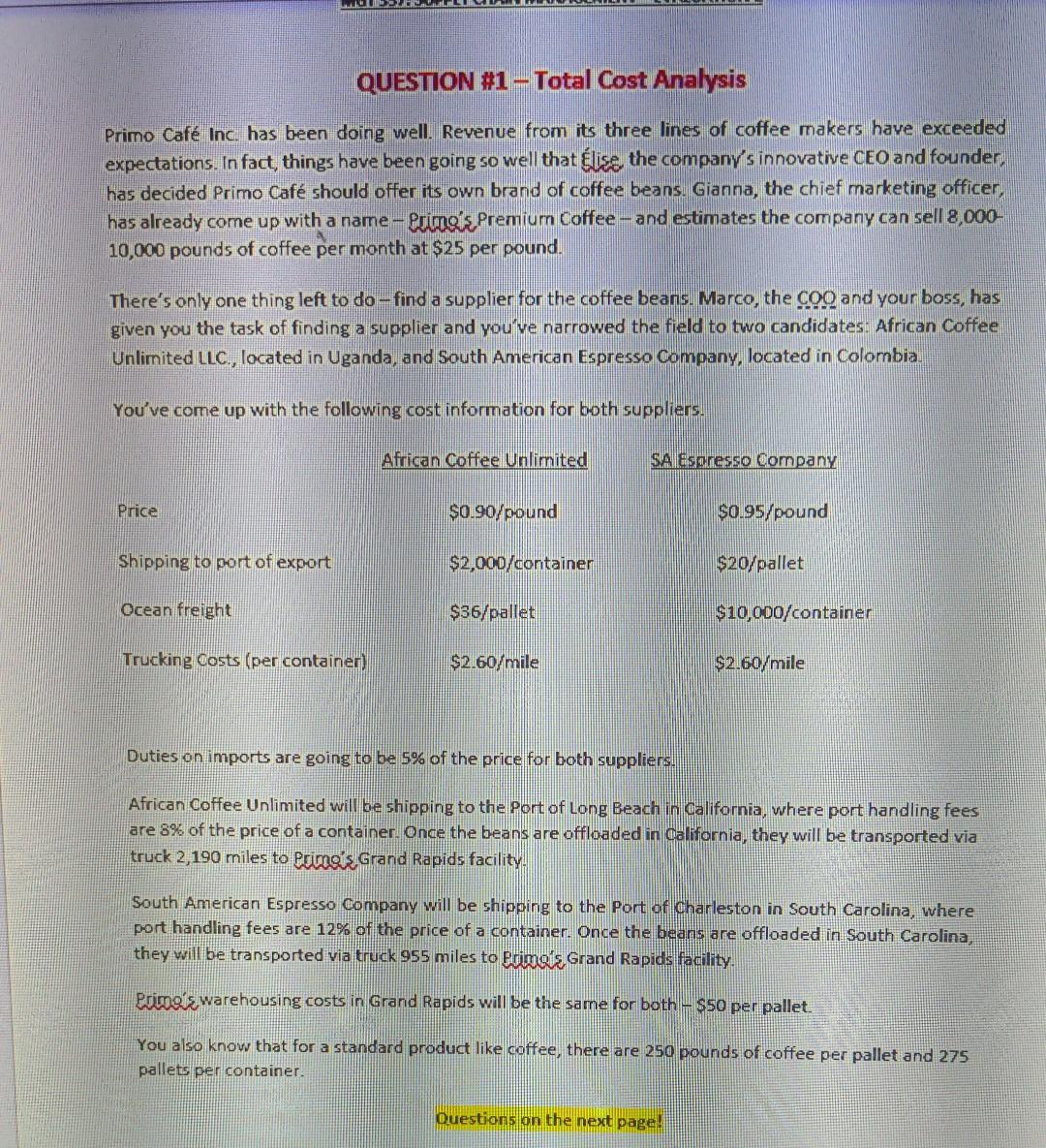 Old MathJax webview QUESTION #1- Total Cost Analysis Primo Caf Inc. has