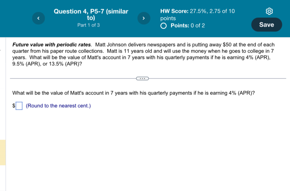  Question 4, P5-7(similar to) Part 1 of 3 HW Score: 27.5%,2.75