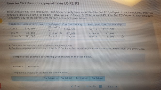  Exercise 11-9 Computing payroll taxes LO P2, P3 Mest Company has