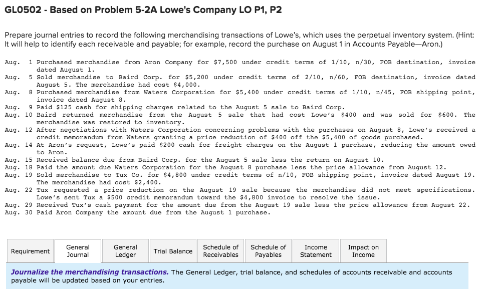  GL0502 - Based on Problem 5-2A Lowe's Company LO P1, P2