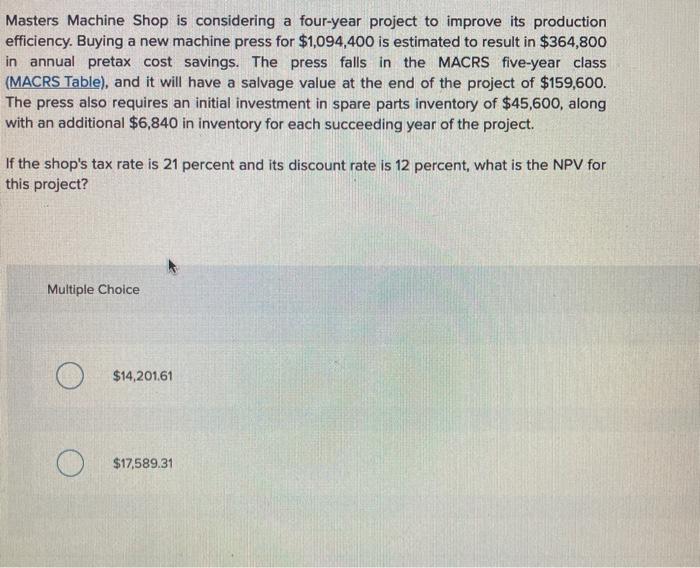  Masters Machine Shop is considering a four-year project to improve its