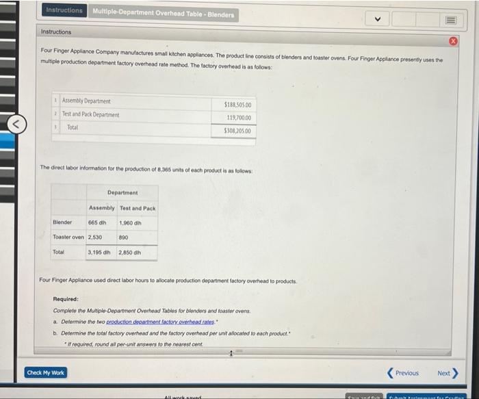  Instructions Multiple-Department Overhead Table - Blenders Instructions Four Finger Appliance Company