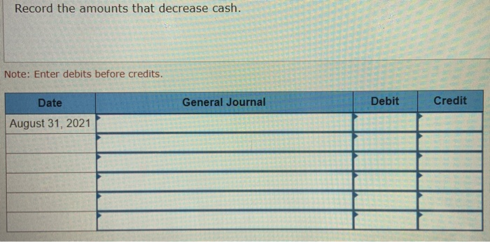  Record the amounts that decrease cash. Note: Enter debits before credits.