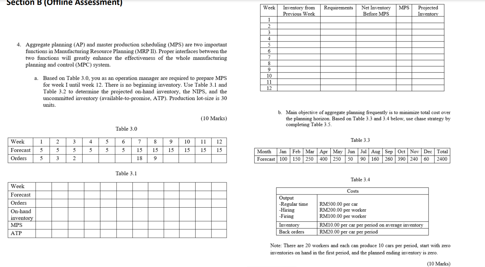  Section B (Offline Assessment) Week Requirements MPS Inventory from Previous Week