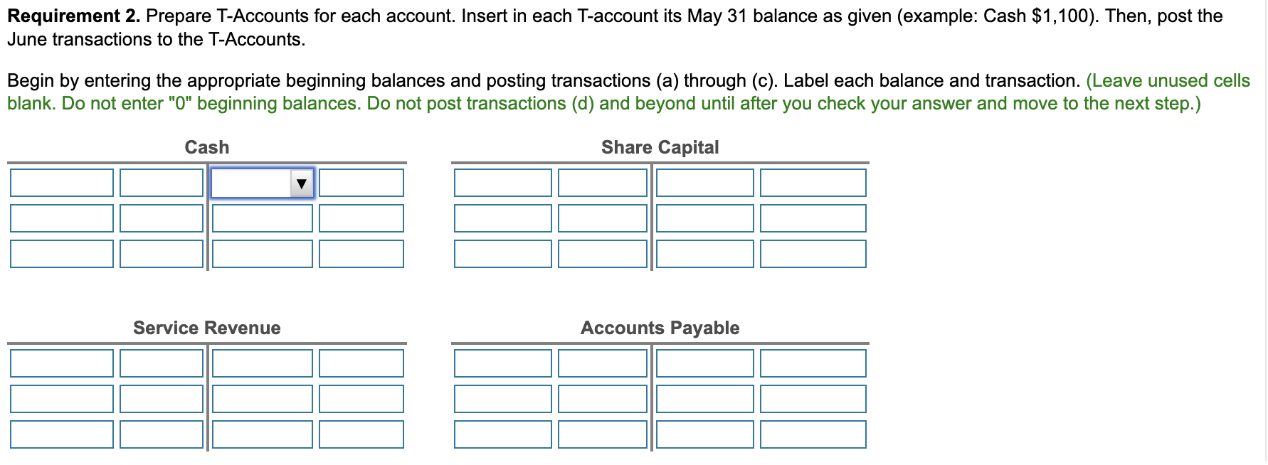 each T-account its May 31 balance as given (example: Cash $1,100 ).