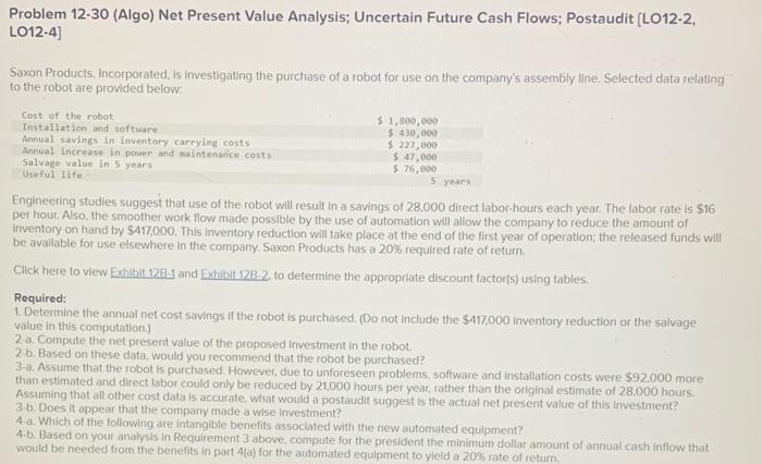  Problem 12-30 (Algo) Net Present Value Analysis: Uncertain Future Cash Flows: