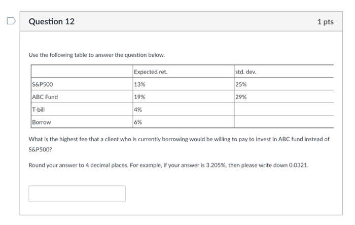 Question 12 1 pts Use the following table to answer the