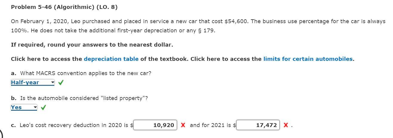  Problem 5-46 (Algorithmic) (LO. 8) On February 1, 2020, Leo purchased