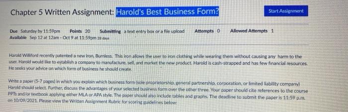 i need help on this please Chapter 5 Written Assignment: Harold's Best