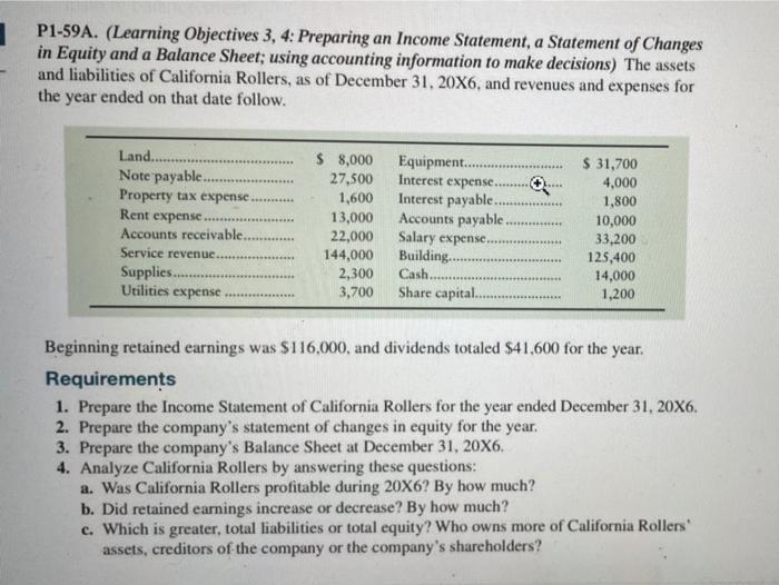 P1-59A. (Learning ovjectives 3, 4:Preparing an income statement, a statement of changes