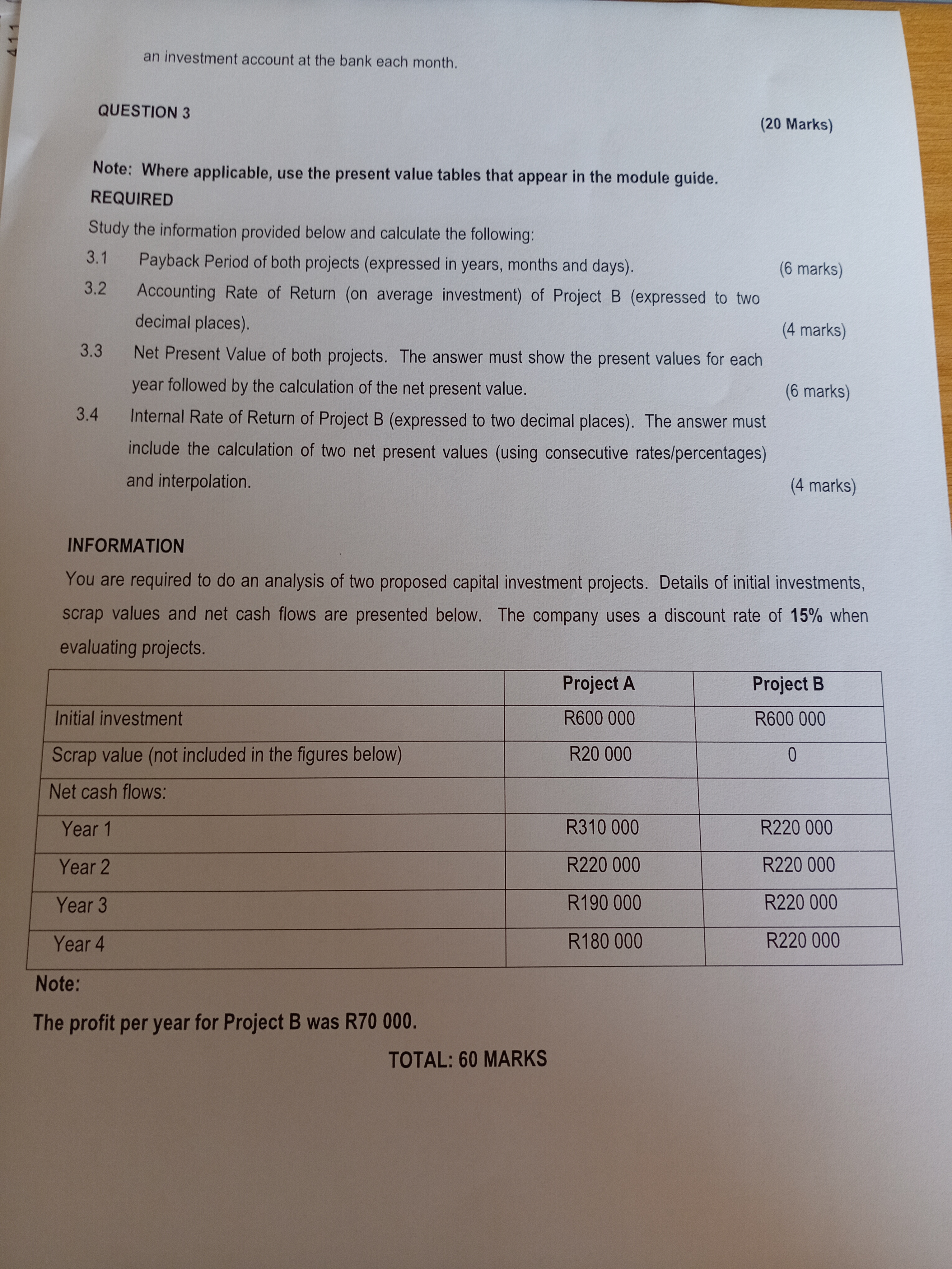  1.3 REQUIRED Use the information provided below to calculate the following