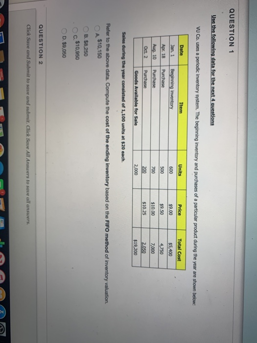 QUESTION 1 Use the following data for the next 4 questions