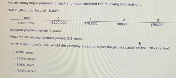  You are analyzing a proposed project and have compiled the following