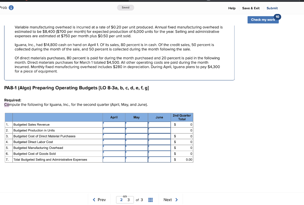 information SB Problem PA8-1 to PA8-3 [The following information applies to the