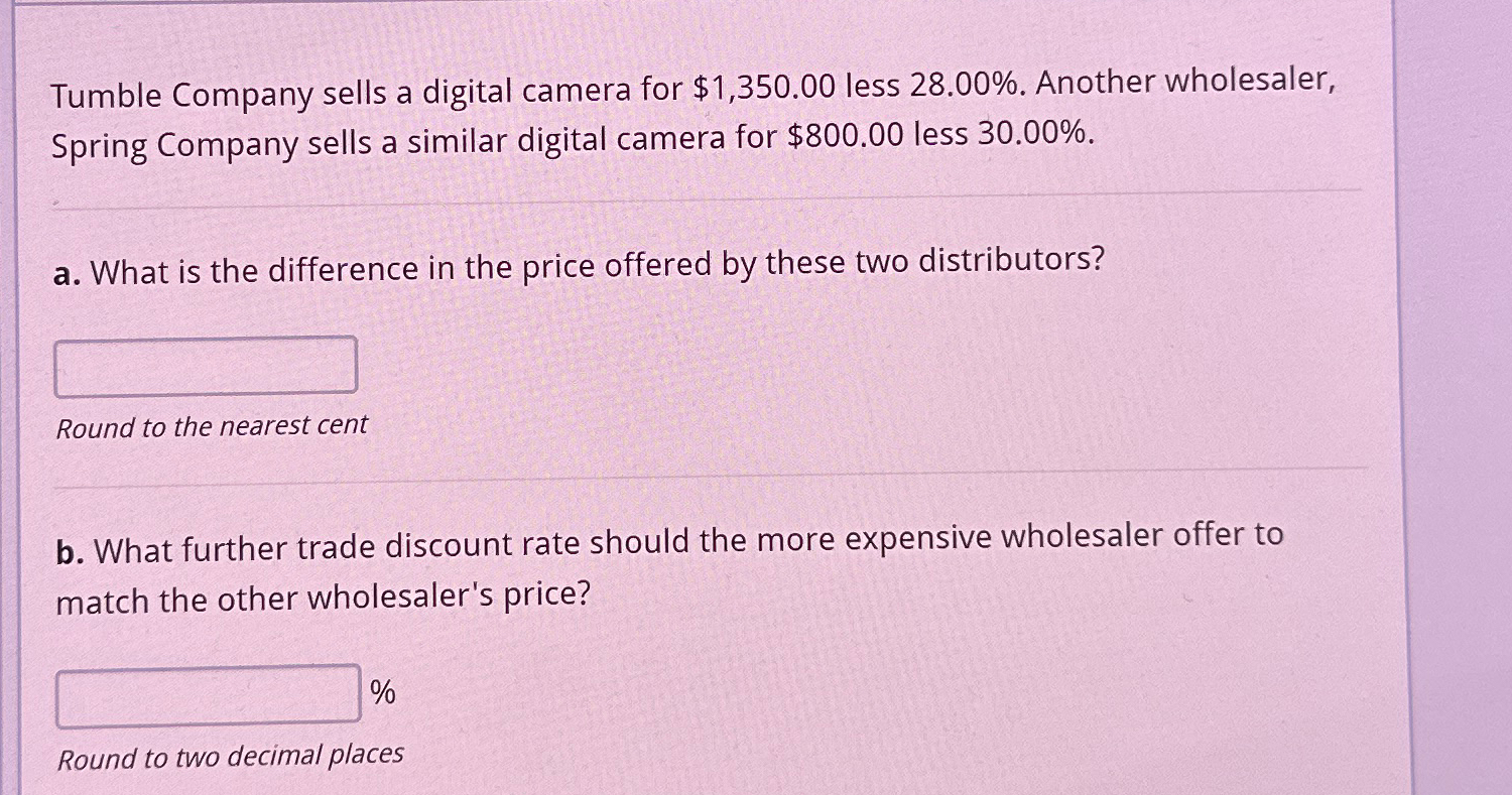  Tumble Company sells a digital camera for $1,350.00 less 28.00%. Another