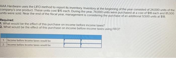 AAA Hardware uses the LIFO method to report its inventory, Inventory