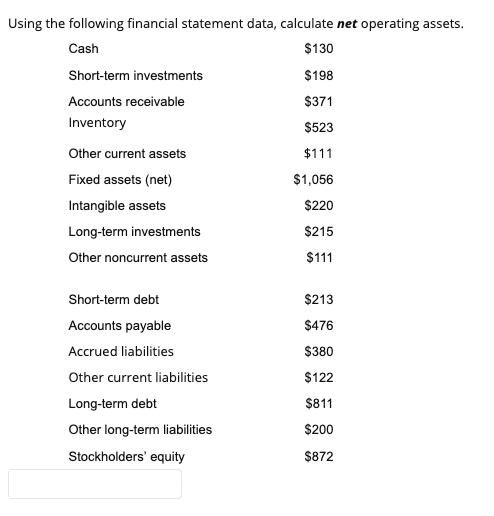 Using the following financial statement data, calculate net operating assets. Cash
