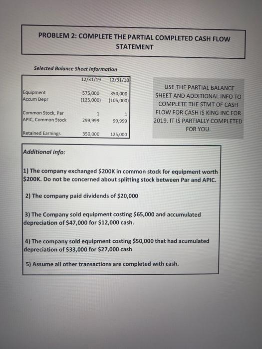  PROBLEM 2: COMPLETE THE PARTIAL COMPLETED CASH FLOW STATEMENT Selected Balance