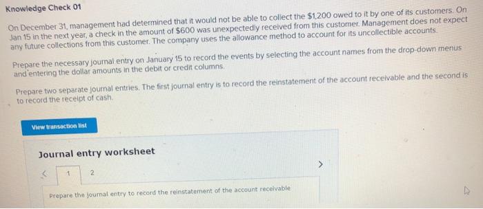  Knowledge Check 01 On December 31, management had determined that it