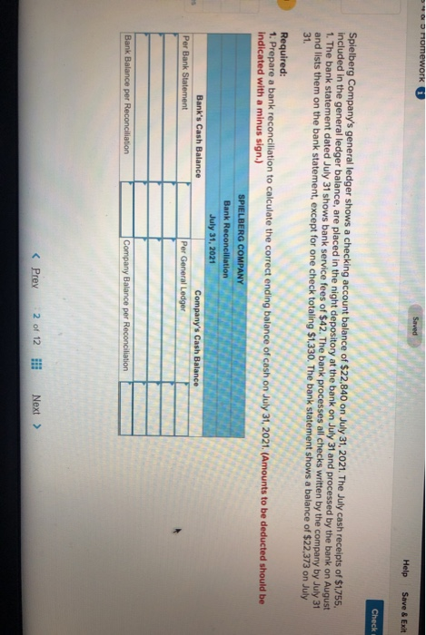  rmework Saved Help Save & Exit Checki Spielberg Company's general ledger