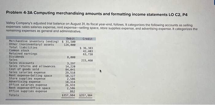  Problem 4-3A Computing merchandising amounts and formatting income statements LO C2,