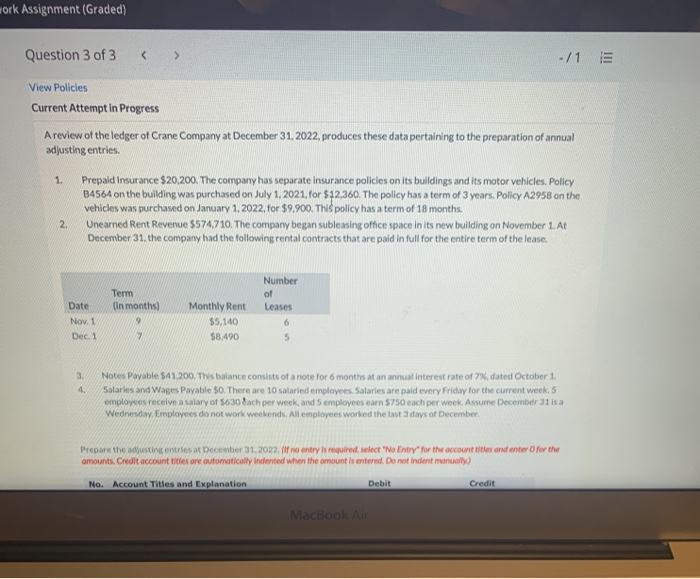  ork Assignment (Graded) Question 3 of 3 -/1 E View Policies
