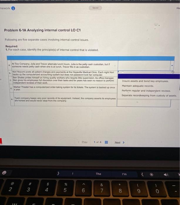 separate cases involving internal control issues. Required: 1. For each case, Identify