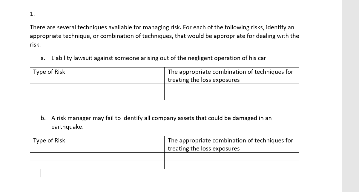 1. There are several techniques available for managing risk. For each