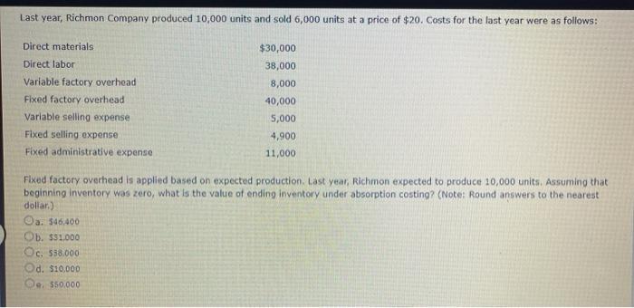 Richmon expected to produce 10,000 units. Assuming that beginning inventory was zero,