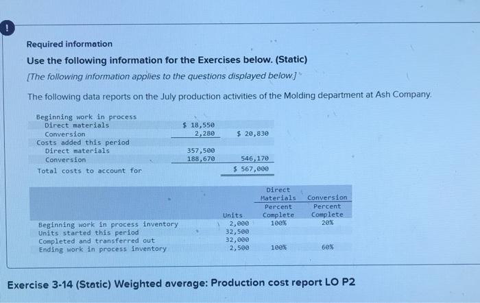 Required information Use the following information for the Exercises below. (Static)