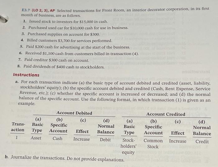  E3.7 (LO 2, 3), AP Selected transactions for Front Room, an