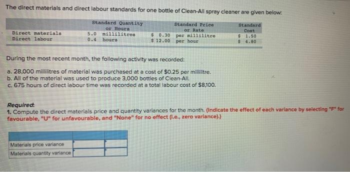  The direct materials and direct labour standards for one bottle of