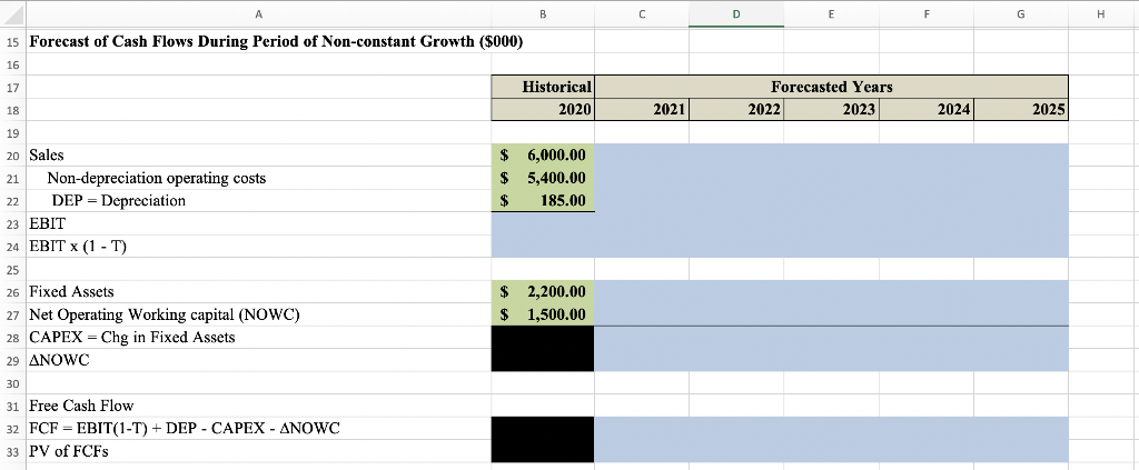 shaded areas are provided. Only enter formulas or cell references (no typed
