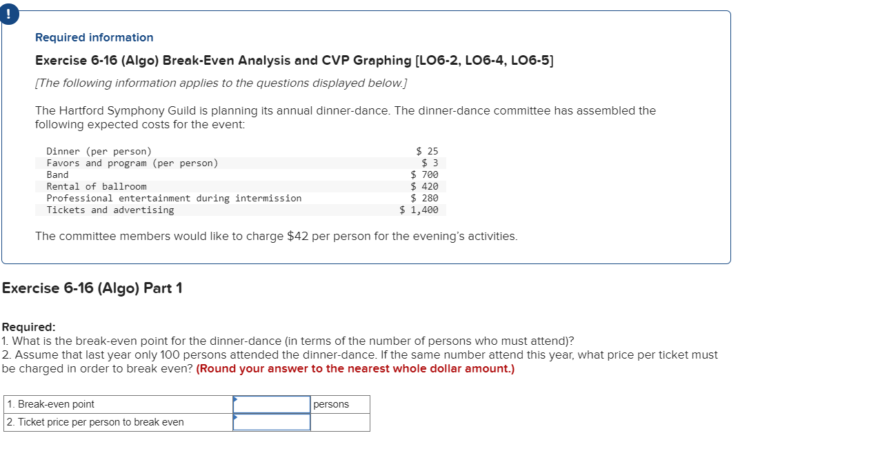 Required information Exercise 6-16 (Algo) Break-Even Analysis and CVP Graphing (LO6-2,