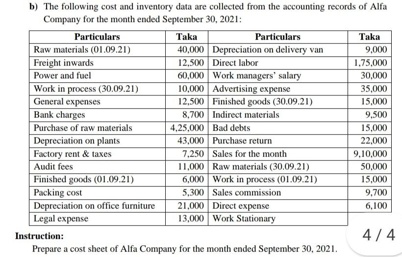 b) The following cost and inventory data are collected from the
