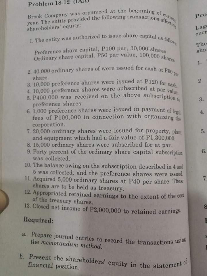 Problem IS-12 Brook Company was organized at the beginning of vear. The