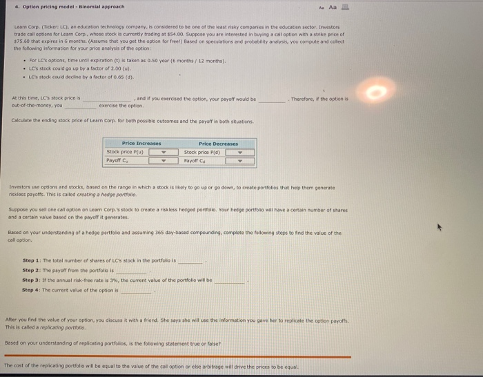  4. Option pricing model. Binomial approach Aaa Lean Corp. (Ticker La