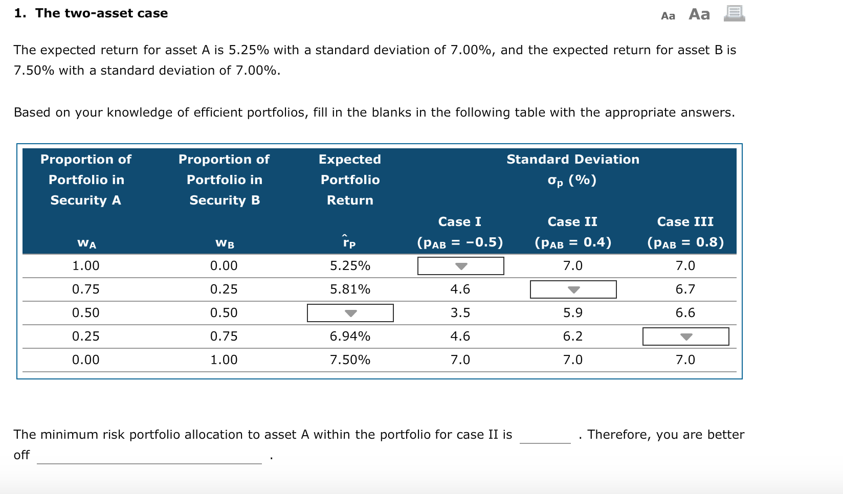1. The two-asset case Aa Aa The expected return for asset