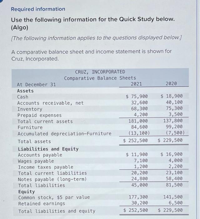 Required information Use the following information for the Quick Study below.
