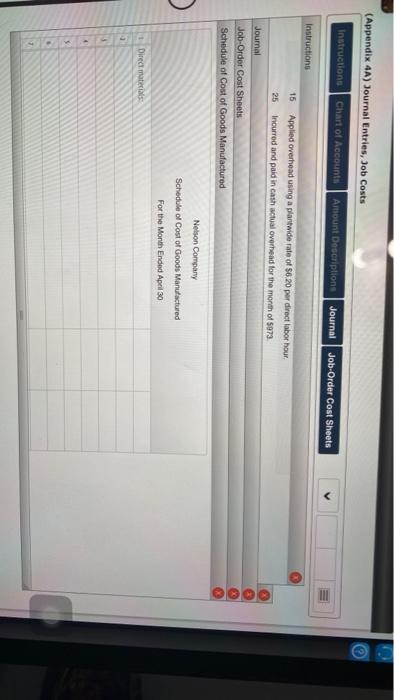 answers are okay. (Appendix 4A) Journal Entries, Job Costs instructions Chart of
