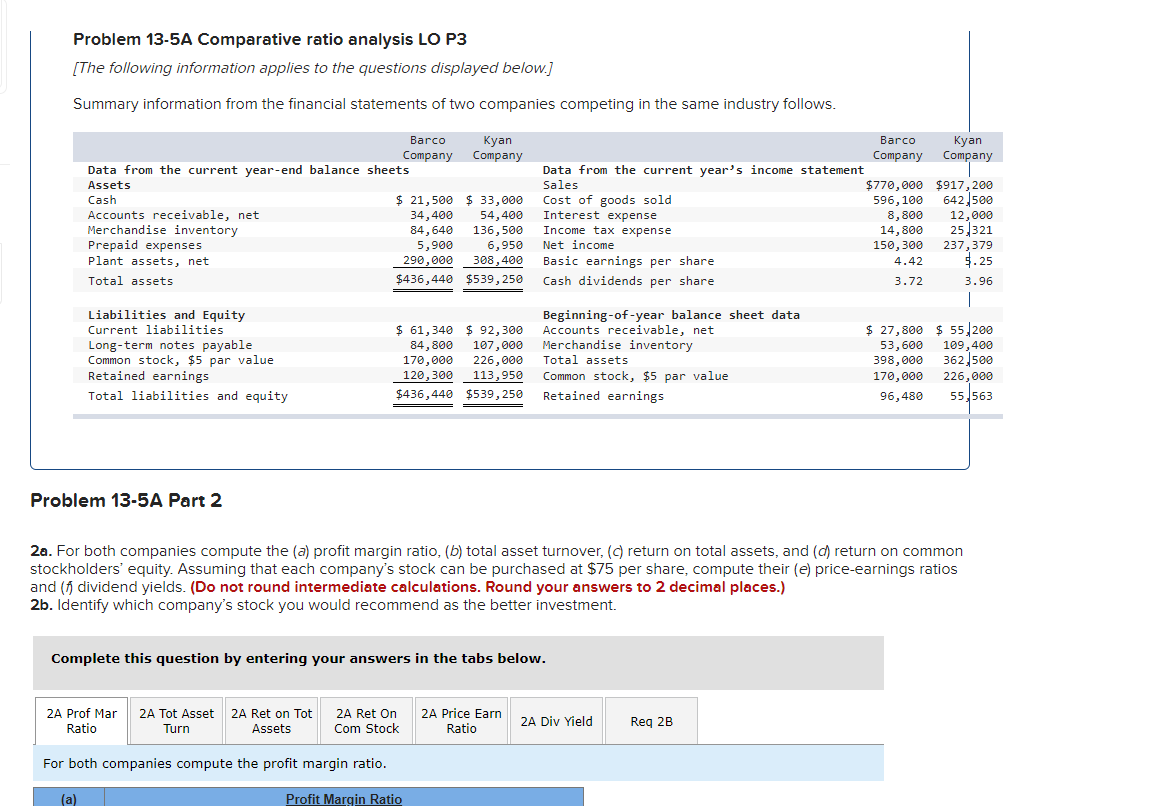  Problem 13-5A Comparative ratio analysis LO P3 [The following information applies