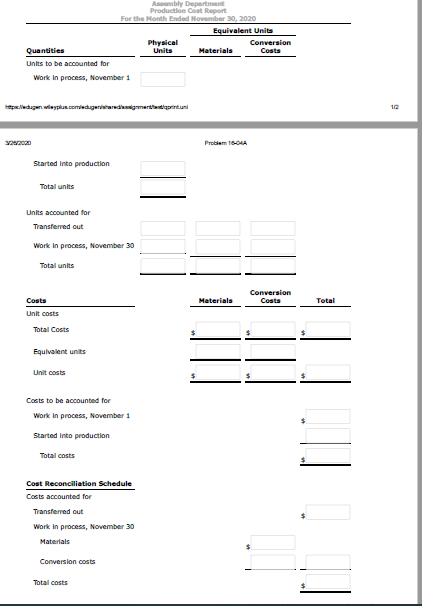 to the Assembly Department for November 2020 totaled $2,304,916 as follows. $78,500