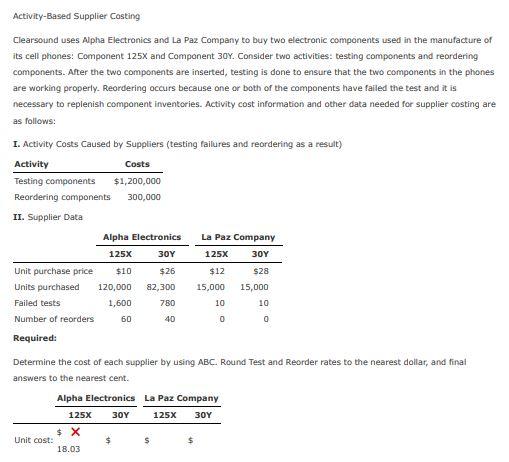  Activity-Based Supplier Casting Clearsound uses Alpha Electronics and La Paz Company