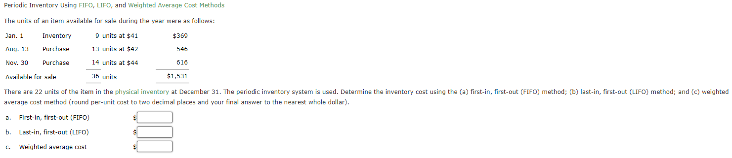 item available for sale during the year were as follows: Jan. 1