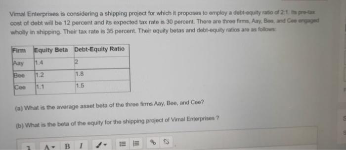 answer fast in 5 mins Vimal Enterprises is considering a shipping project