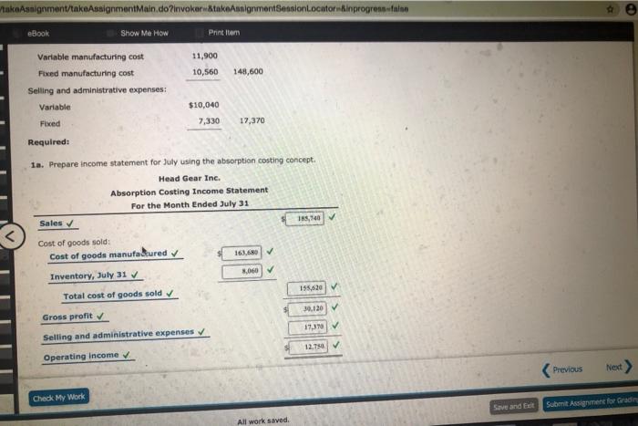 Statements for Two Months and Analysis During the first month of operations