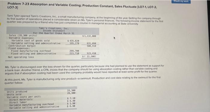  Problem 7-23 Absorption and Variable Costing: Production Constant, Sales Fluctuate (L07-1,