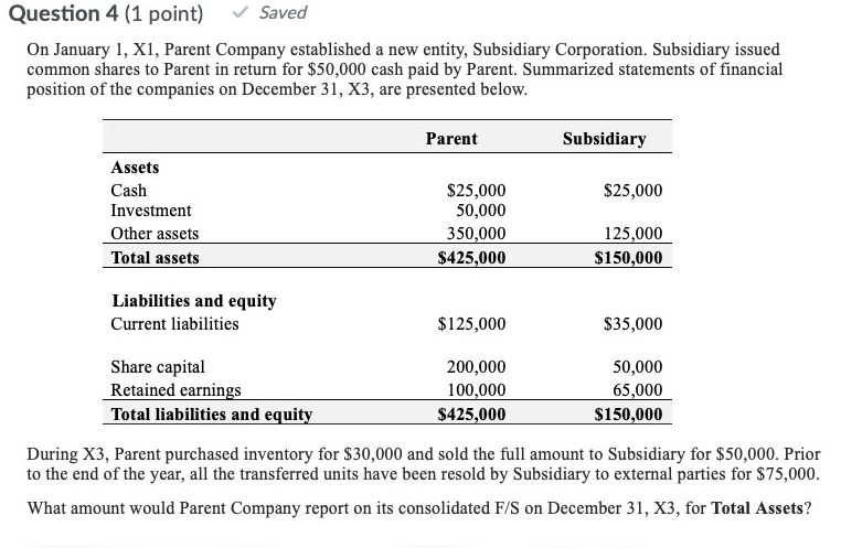 Question 4 (1 point) Saved On January 1, X1, Parent Company